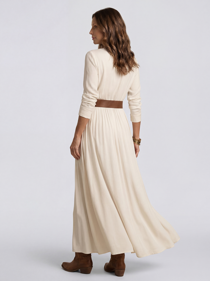 Aurora | Vestido Largo de Lino con Cuello Invertido