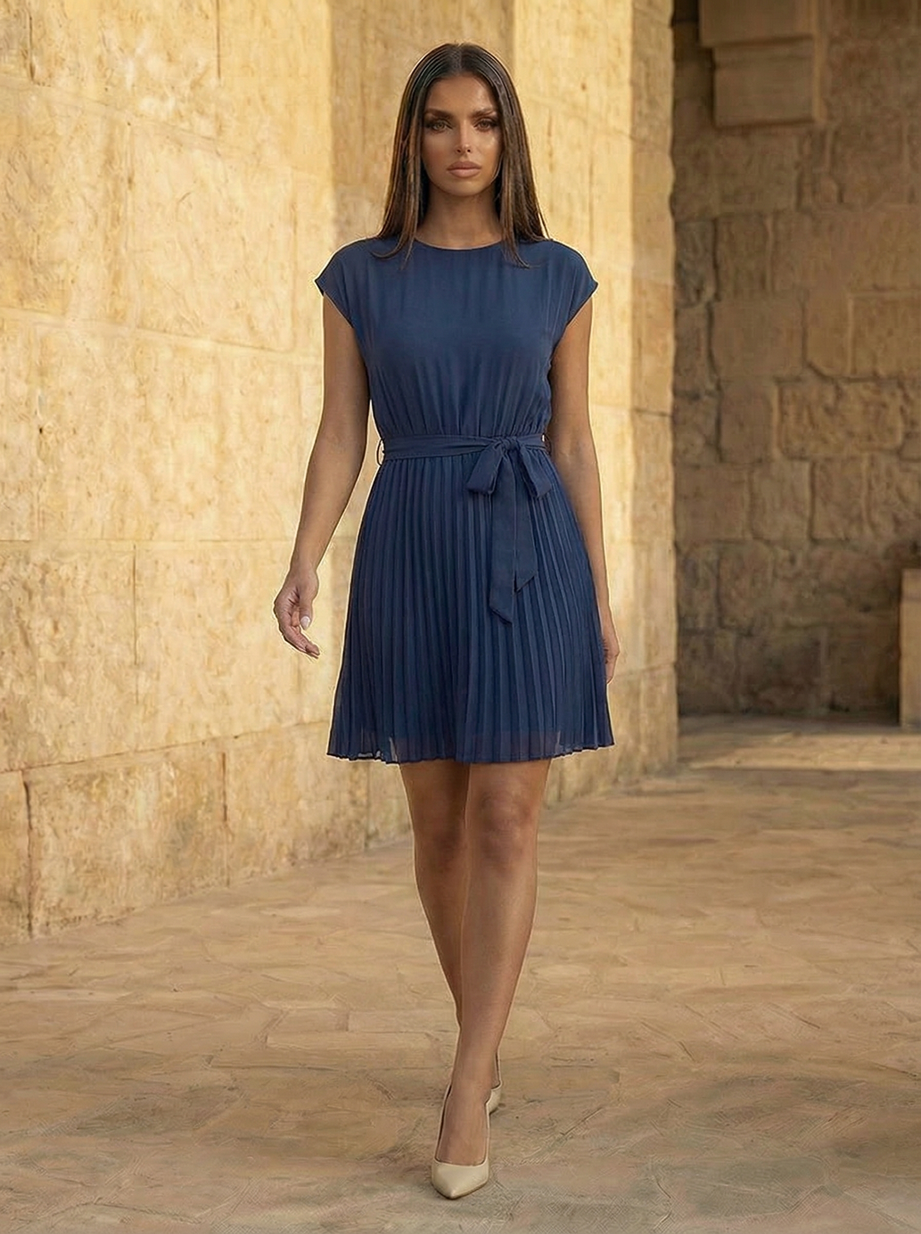 The Pia | Pleated Belted Dress